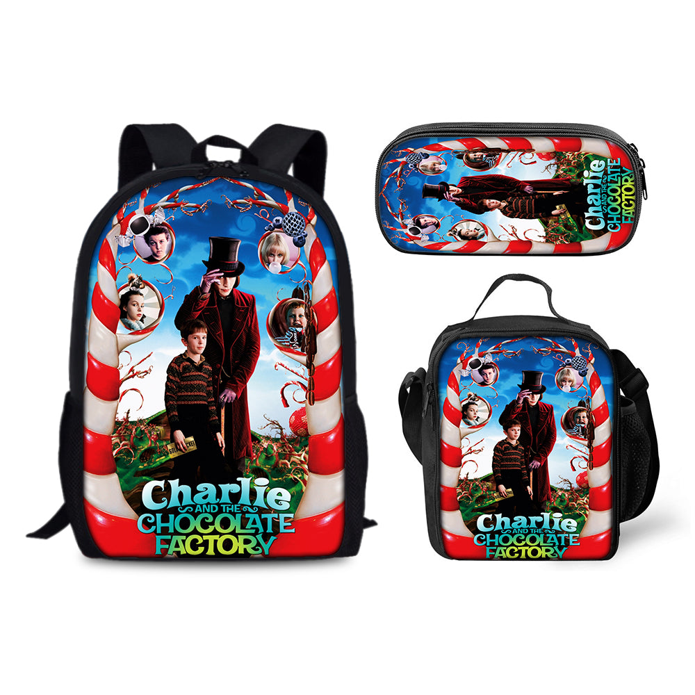 Charlie and the Chocolate Factory Schoolbag Backpack Lunch Bag Pencil Case 3pcs Set Gift for Kids Students