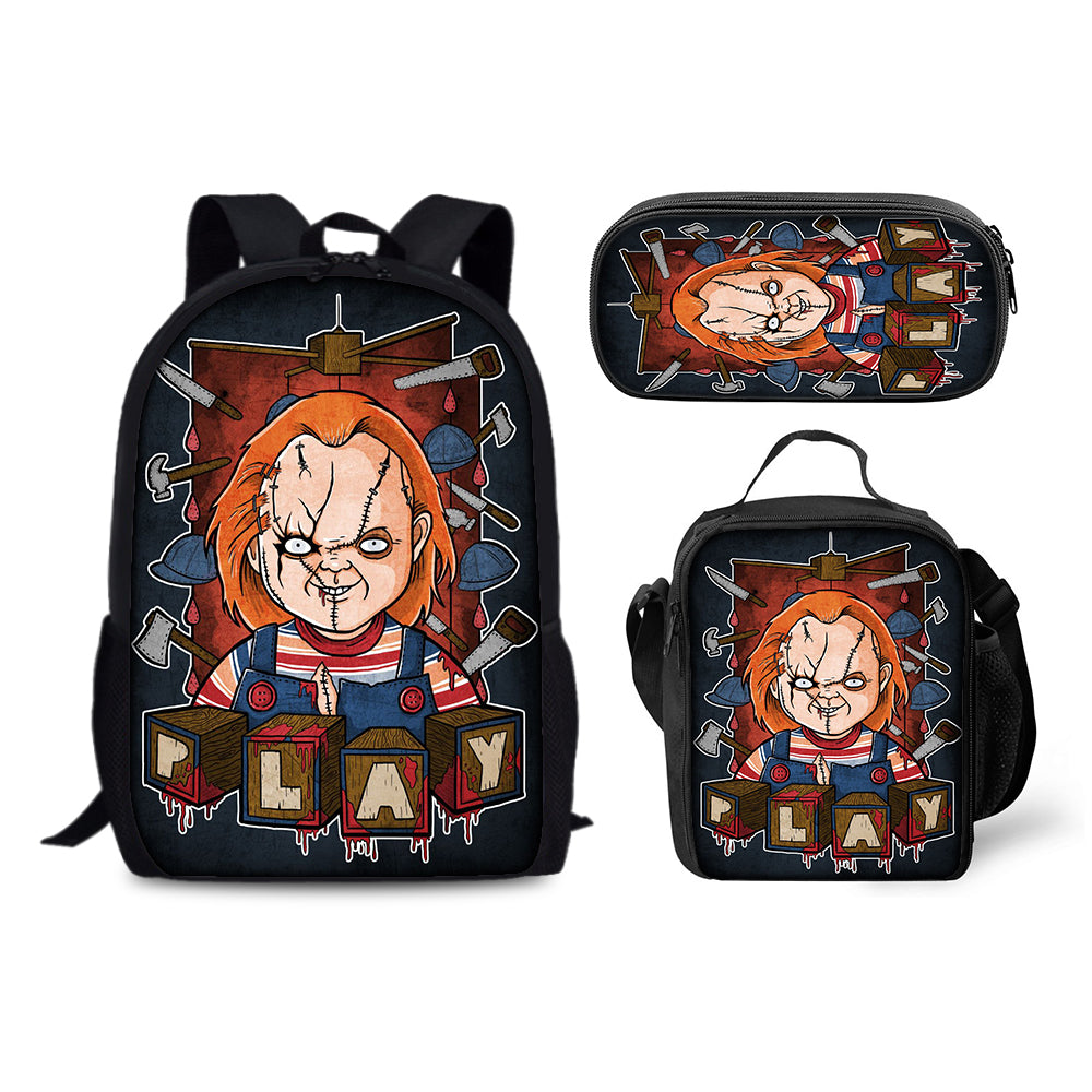 Child's Play Chucky Schoolbag Backpack Lunch Bag Pencil Case 3pcs Set Gift for Kids Students