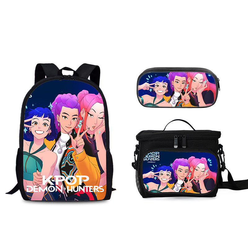 Demon Hunters Schoolbag Backpack Lunch Tote Pencil Case 3pcs Set Gift for Kids Students