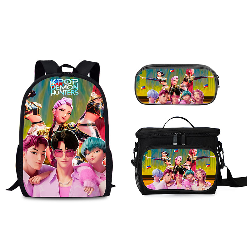 Demon Hunters Schoolbag Backpack Lunch Tote Pencil Case 3pcs Set Gift for Kids Students