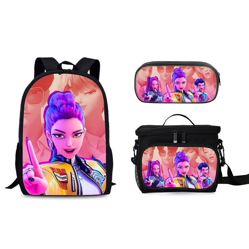 Demon Hunters Schoolbag Backpack Lunch Tote Pencil Case 3pcs Set Gift for Kids Students