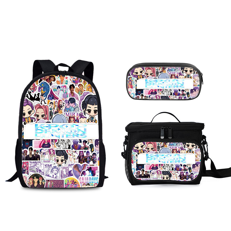 Demon Hunters Schoolbag Backpack Lunch Tote Pencil Case 3pcs Set Gift for Kids Students