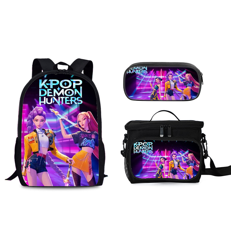 Demon Hunters Schoolbag Backpack Lunch Tote Pencil Case 3pcs Set Gift for Kids Students