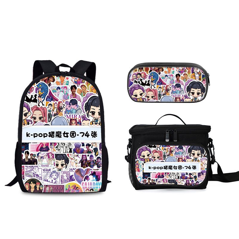 Demon Hunters Schoolbag Backpack Lunch Tote Pencil Case 3pcs Set Gift for Kids Students