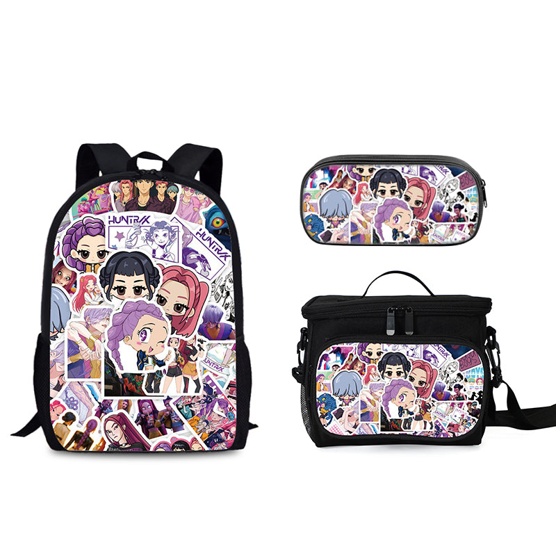 Demon Hunters Schoolbag Backpack Lunch Tote Pencil Case 3pcs Set Gift for Kids Students