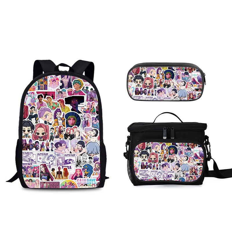 Demon Hunters Schoolbag Backpack Lunch Tote Pencil Case 3pcs Set Gift for Kids Students