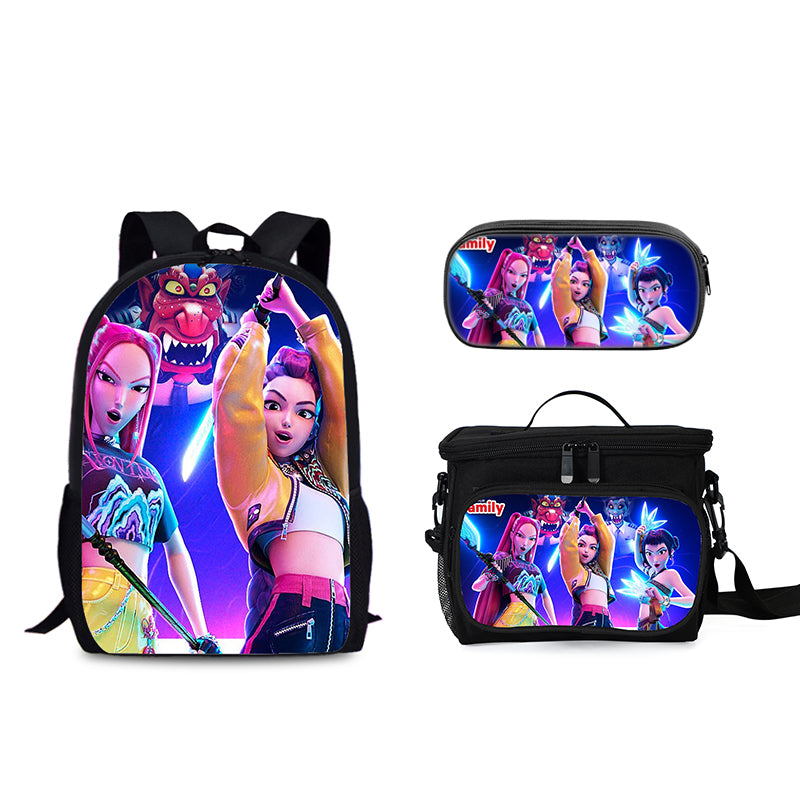 Demon Hunters Schoolbag Backpack Lunch Tote Pencil Case 3pcs Set Gift for Kids Students