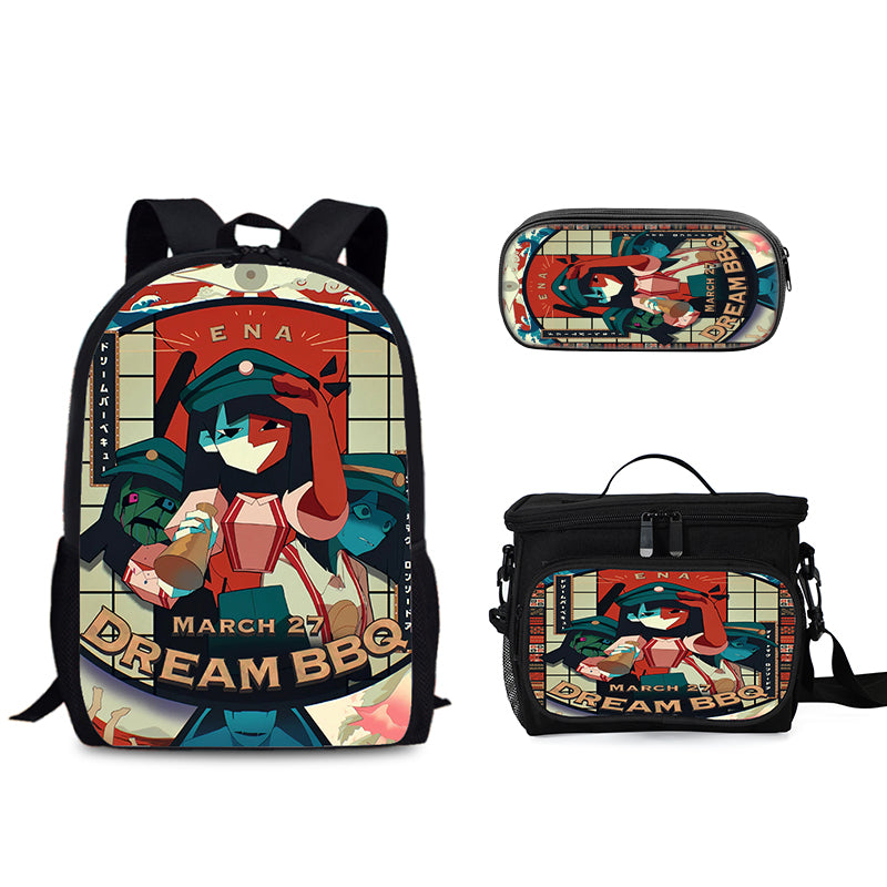 ENA dream BBQ Schoolbag Backpack Lunch Bag Pencil Case 3pcs Set Gift for Kids Students