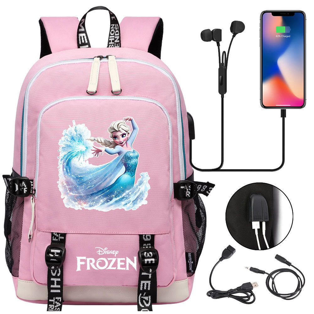 Frozen Elsa USB Charging Backpack School Note Book Laptop Travel Bags