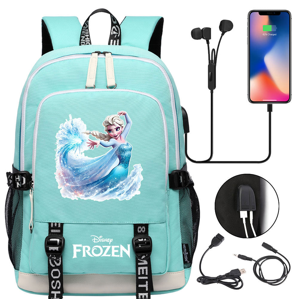 Frozen Elsa USB Charging Backpack School Note Book Laptop Travel Bags