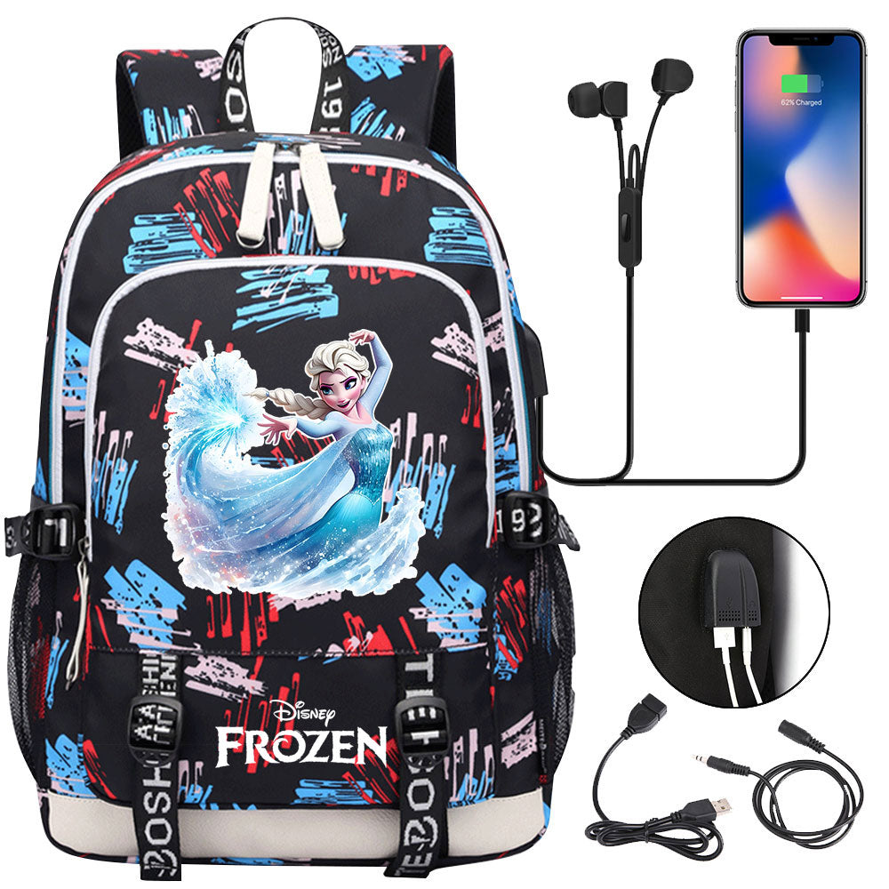 Frozen Elsa USB Charging Backpack School Note Book Laptop Travel Bags