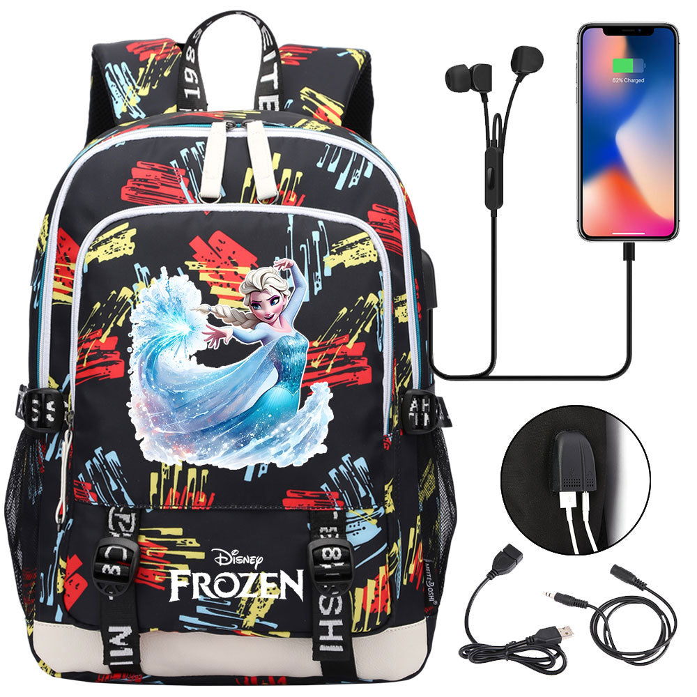 Frozen Elsa USB Charging Backpack School Note Book Laptop Travel Bags