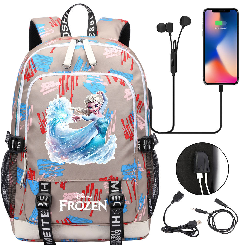 Frozen Elsa USB Charging Backpack School Note Book Laptop Travel Bags