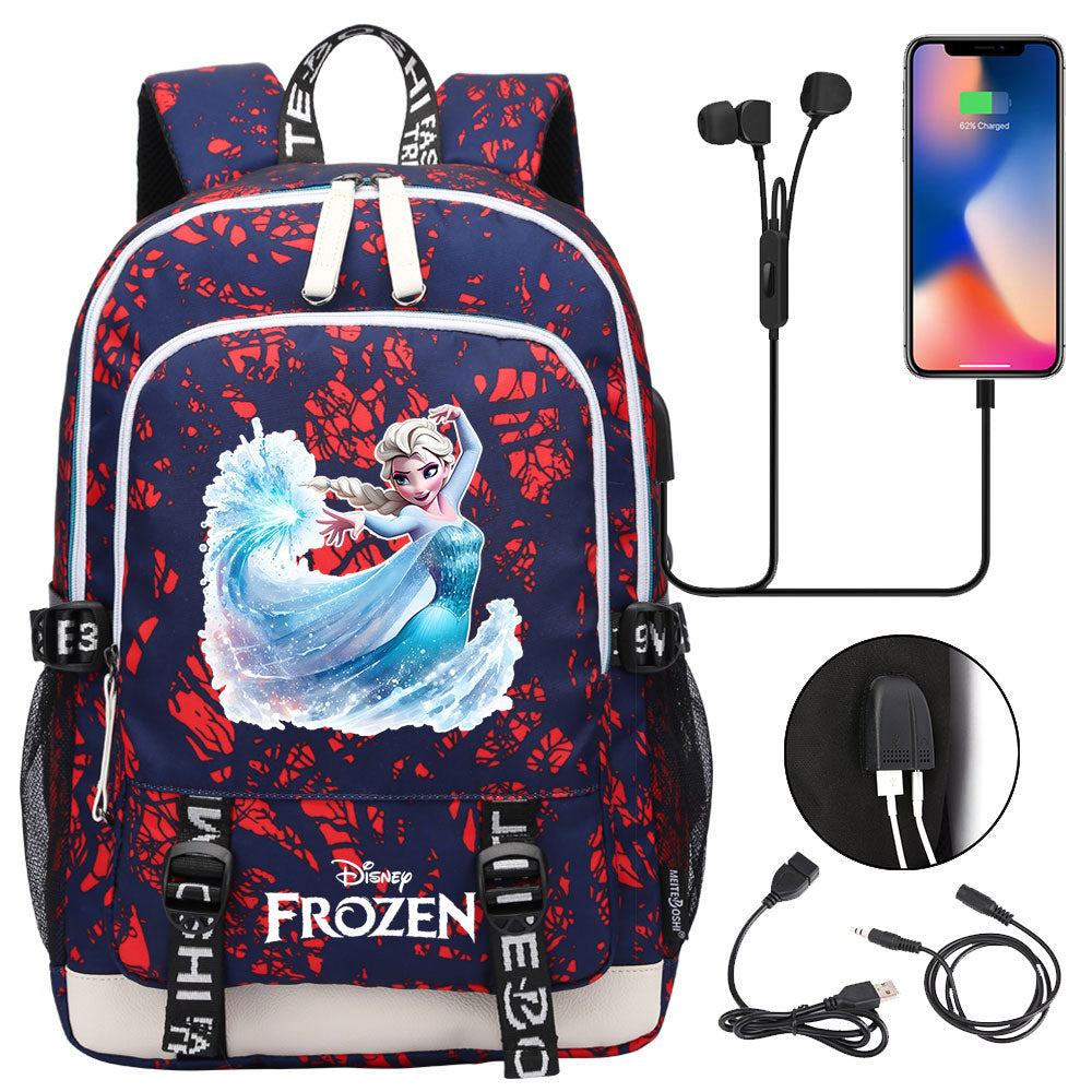 Frozen Elsa USB Charging Backpack School Note Book Laptop Travel Bags