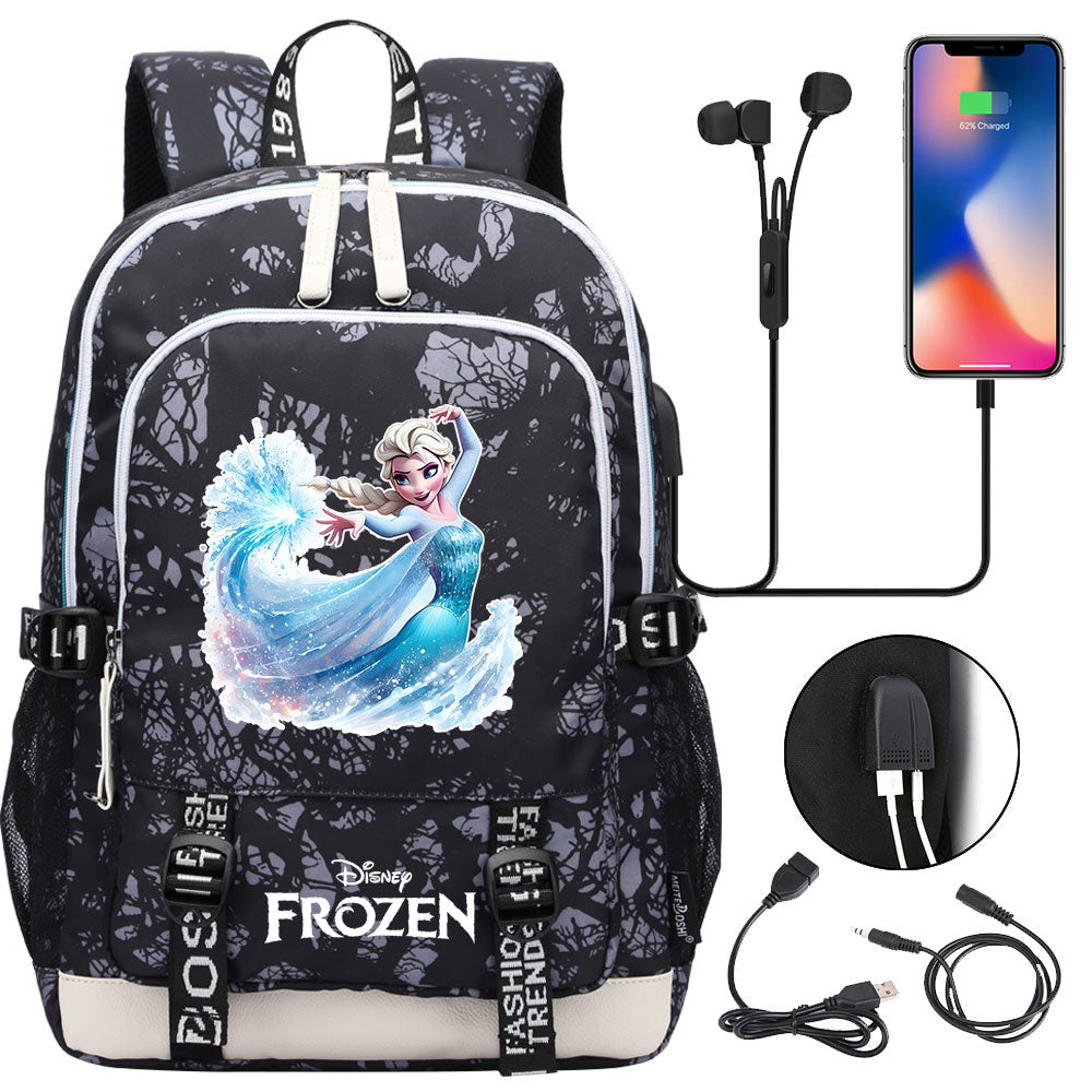 Frozen Elsa USB Charging Backpack School Note Book Laptop Travel Bags