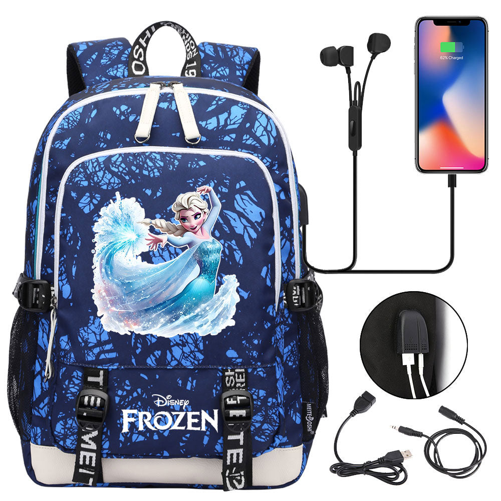 Frozen Elsa USB Charging Backpack School Note Book Laptop Travel Bags