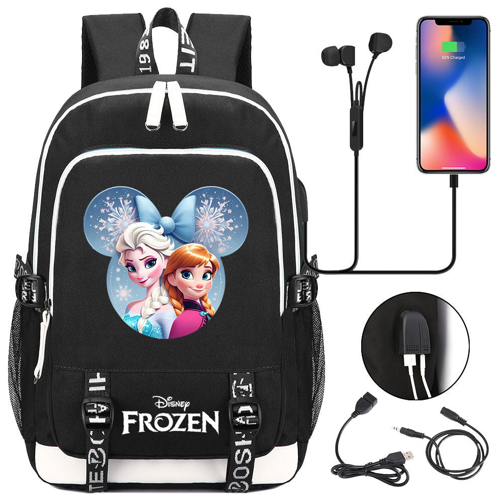Frozen Elsa Anna USB Charging Backpack School Note Book Laptop Travel Bags
