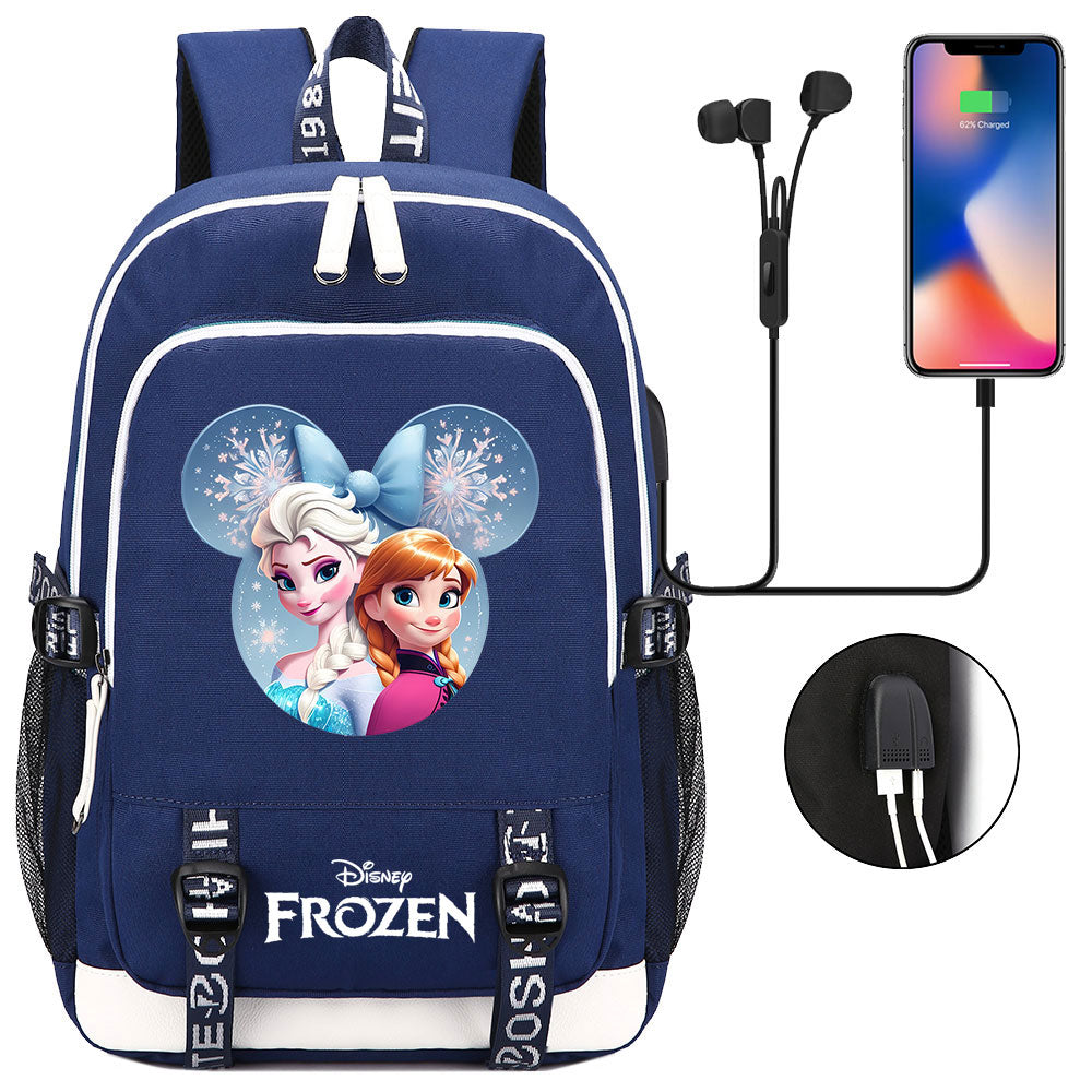 Frozen Elsa Anna USB Charging Backpack School Note Book Laptop Travel Bags