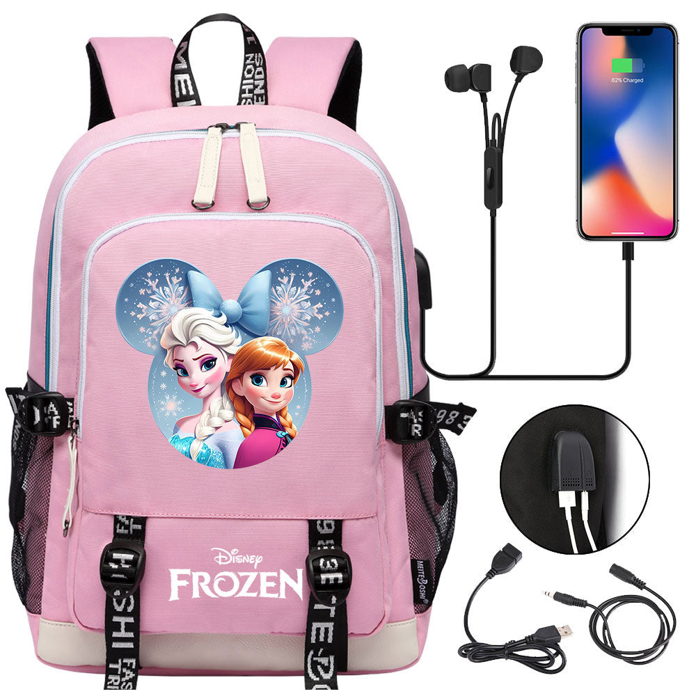 Frozen Elsa Anna USB Charging Backpack School Note Book Laptop Travel Bags