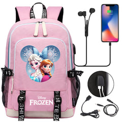 Frozen Elsa Anna USB Charging Backpack School Note Book Laptop Travel Bags