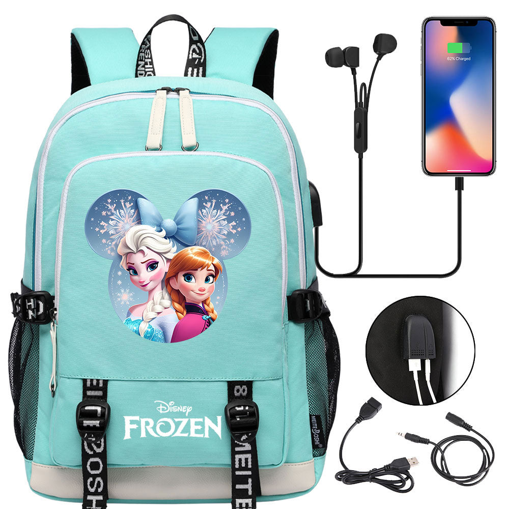 Frozen Elsa Anna USB Charging Backpack School Note Book Laptop Travel Bags