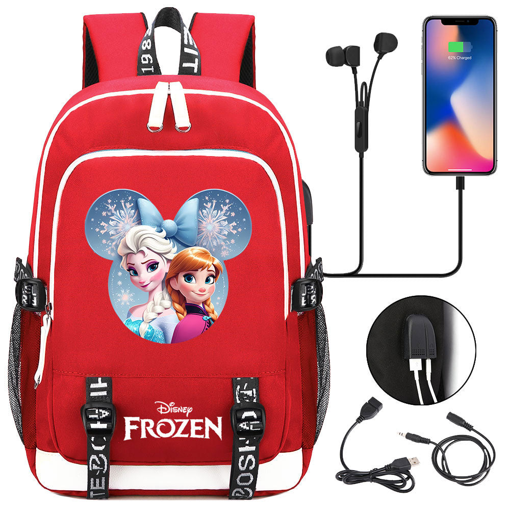 Frozen Elsa Anna USB Charging Backpack School Note Book Laptop Travel Bags