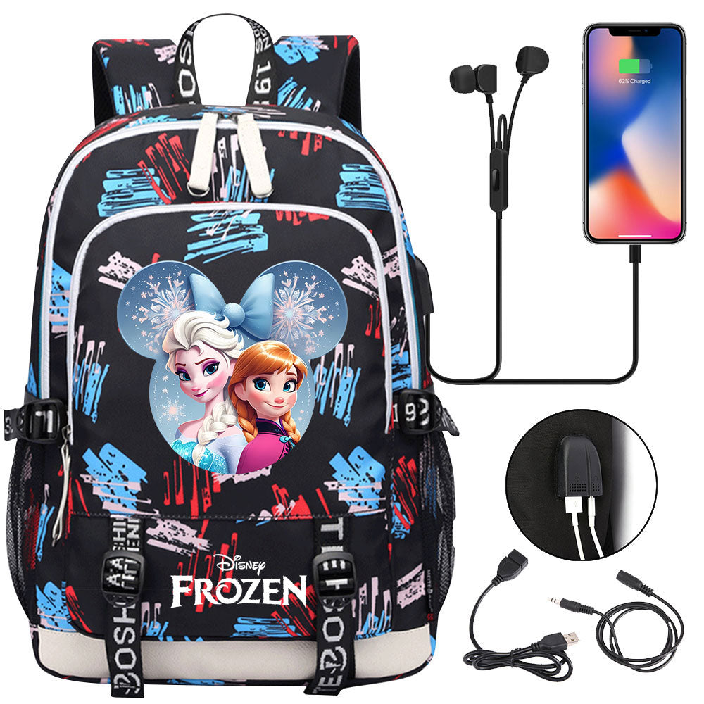 Frozen Elsa Anna USB Charging Backpack School Note Book Laptop Travel Bags