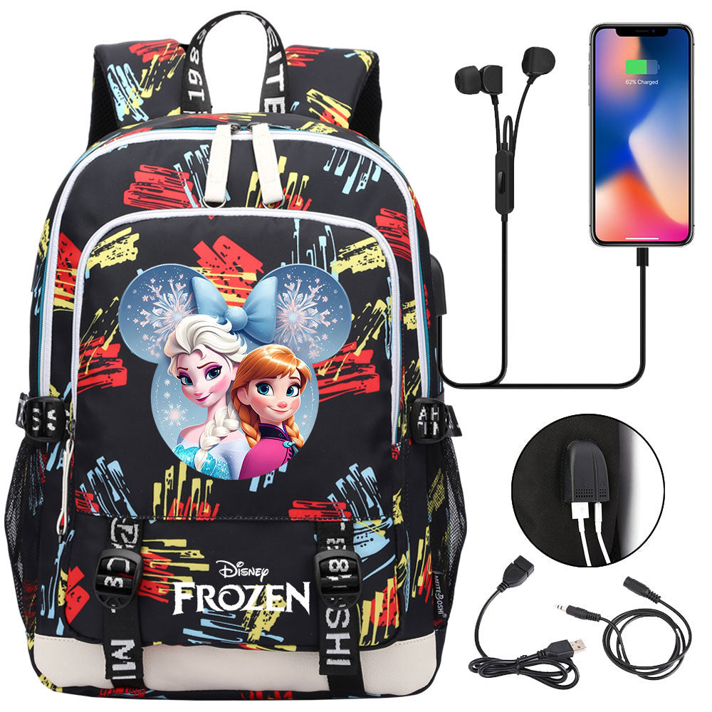 Frozen Elsa Anna USB Charging Backpack School Note Book Laptop Travel Bags