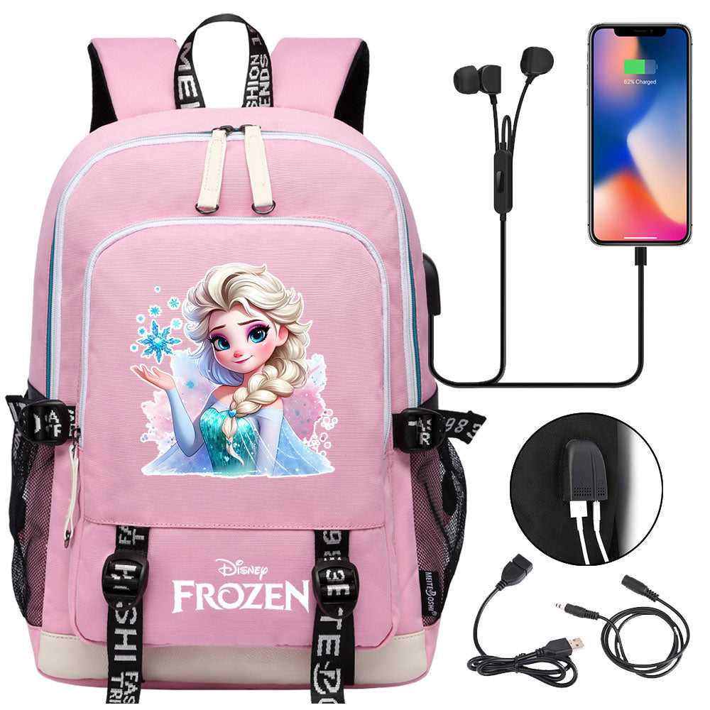 Frozen Elsa USB Charging Backpack School Note Book Laptop Travel Bags