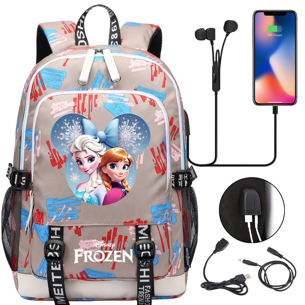 Frozen Elsa Anna USB Charging Backpack School Note Book Laptop Travel Bags