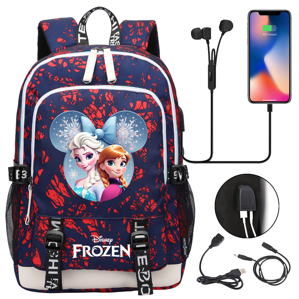 Frozen Elsa Anna USB Charging Backpack School Note Book Laptop Travel Bags
