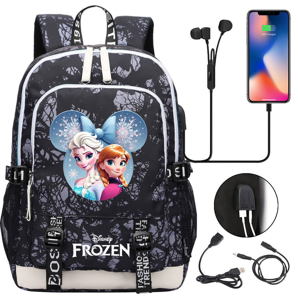 Frozen Elsa Anna USB Charging Backpack School Note Book Laptop Travel Bags