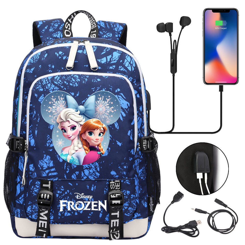 Frozen Elsa Anna USB Charging Backpack School Note Book Laptop Travel Bags