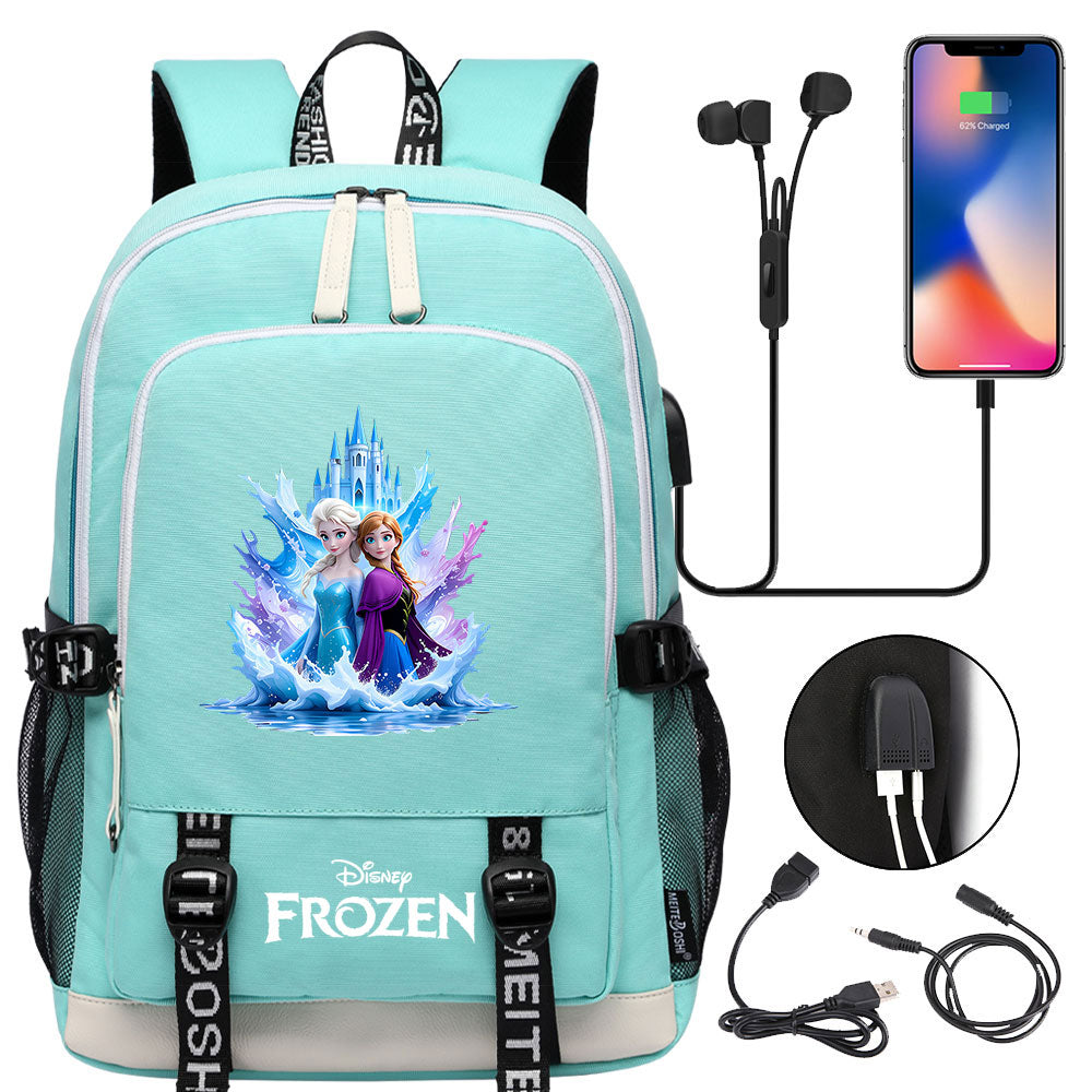 Frozen Elsa Anna USB Charging Backpack School Note Book Laptop Travel Bags