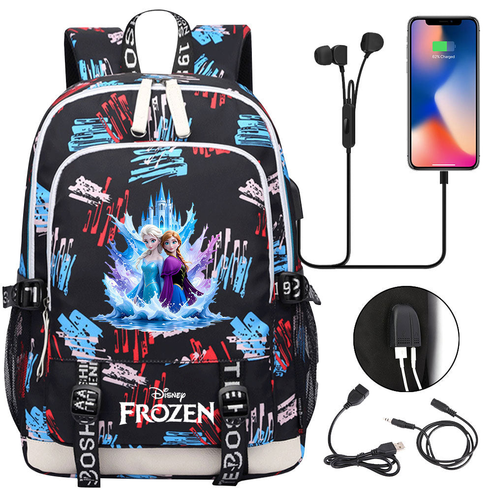 Frozen Elsa Anna USB Charging Backpack School Note Book Laptop Travel Bags