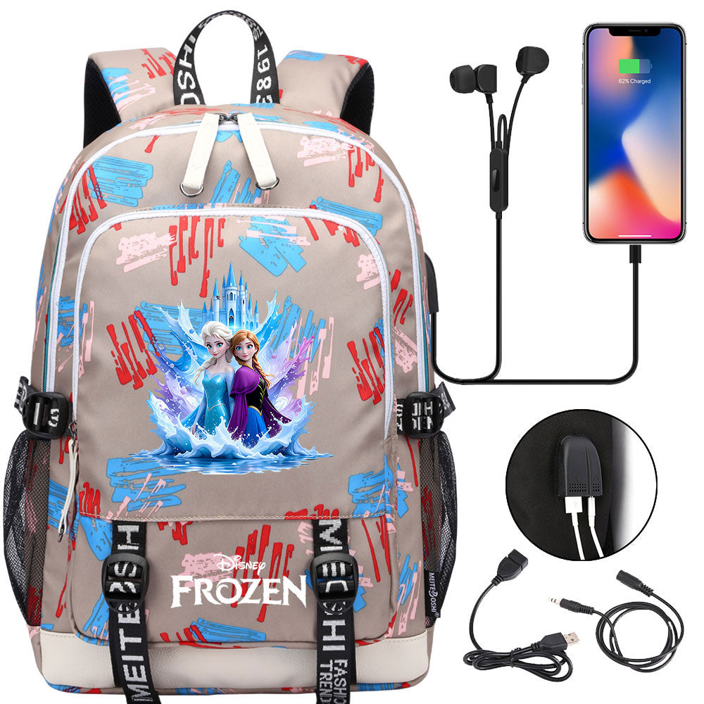 Frozen Elsa Anna USB Charging Backpack School Note Book Laptop Travel Bags