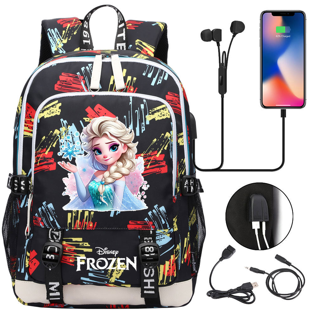 Frozen Elsa USB Charging Backpack School Note Book Laptop Travel Bags