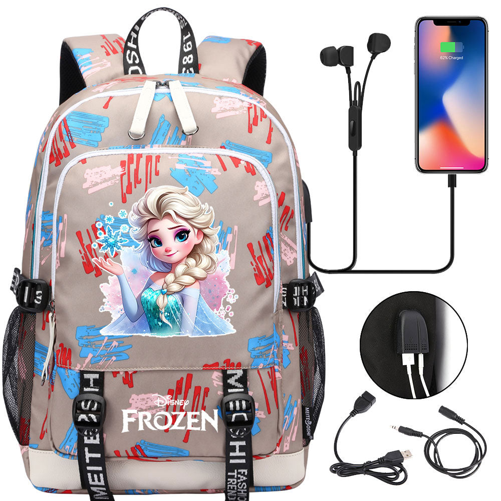 Frozen Elsa USB Charging Backpack School Note Book Laptop Travel Bags