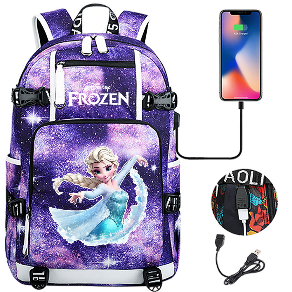 Frozen Elsa USB Charging Backpack School NoteBook Laptop Travel Bags