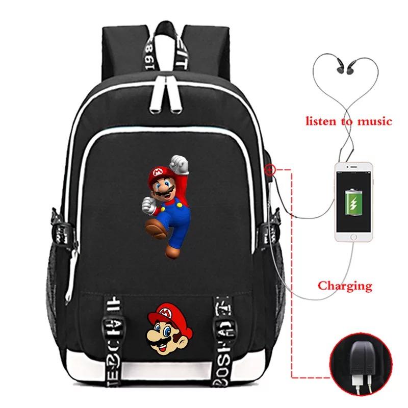 Game Super Mario USB Charging Backpack School Note Book Laptop Travel Bags