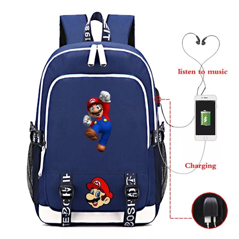 Game Super Mario USB Charging Backpack School Note Book Laptop Travel Bags