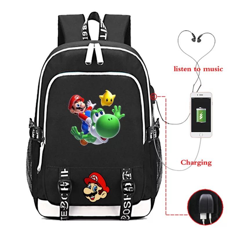 Game Super Mario USB Charging Backpack School Note Book Laptop Travel Bags