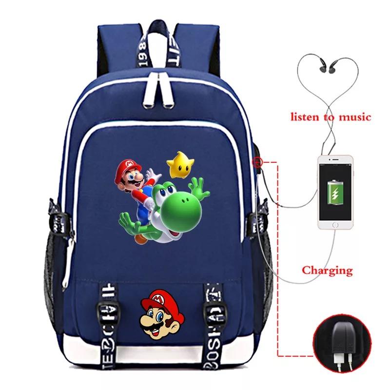 Game Super Mario USB Charging Backpack School Note Book Laptop Travel Bags