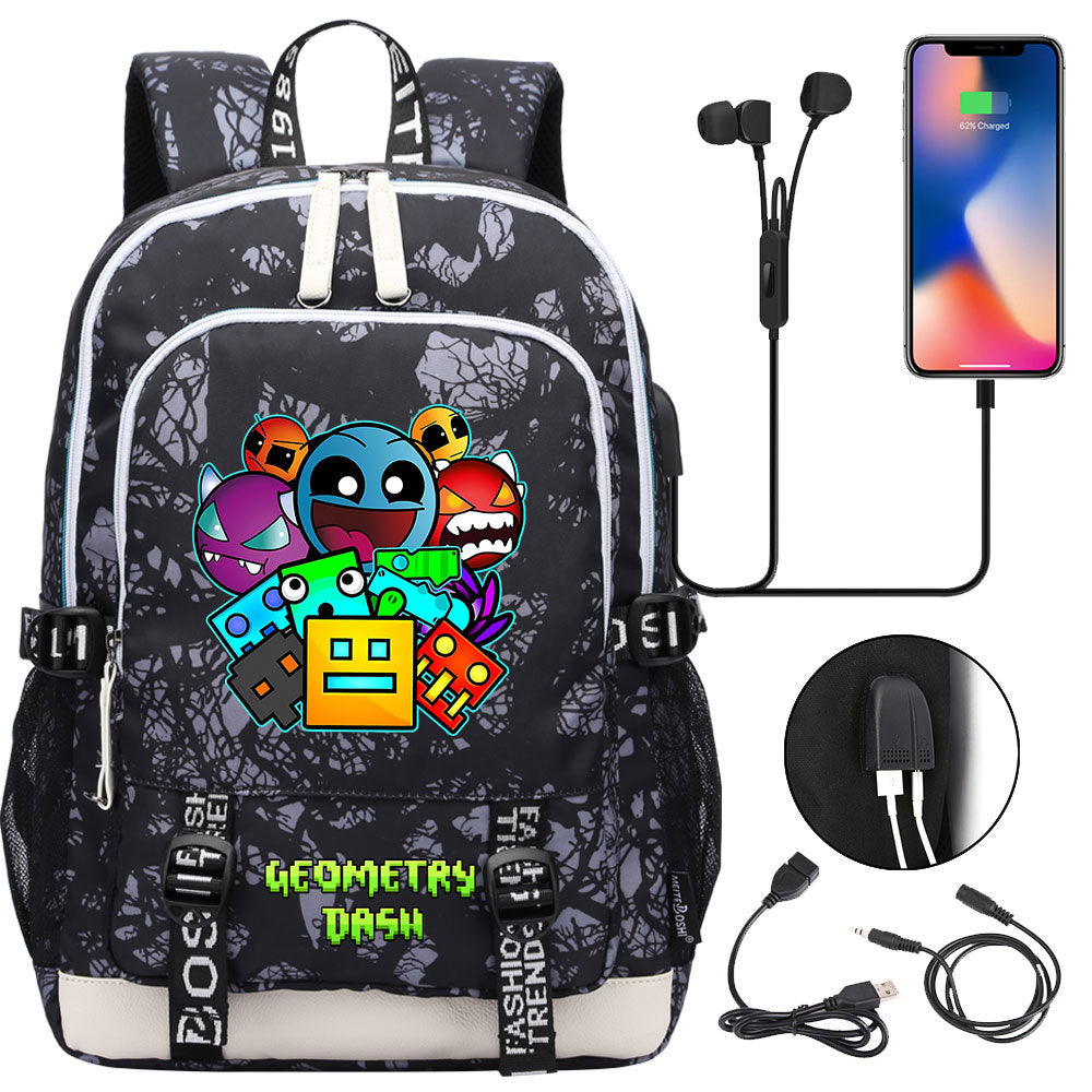 Geometry Dash USB Charging Backpack School Note Book Laptop Travel Bags