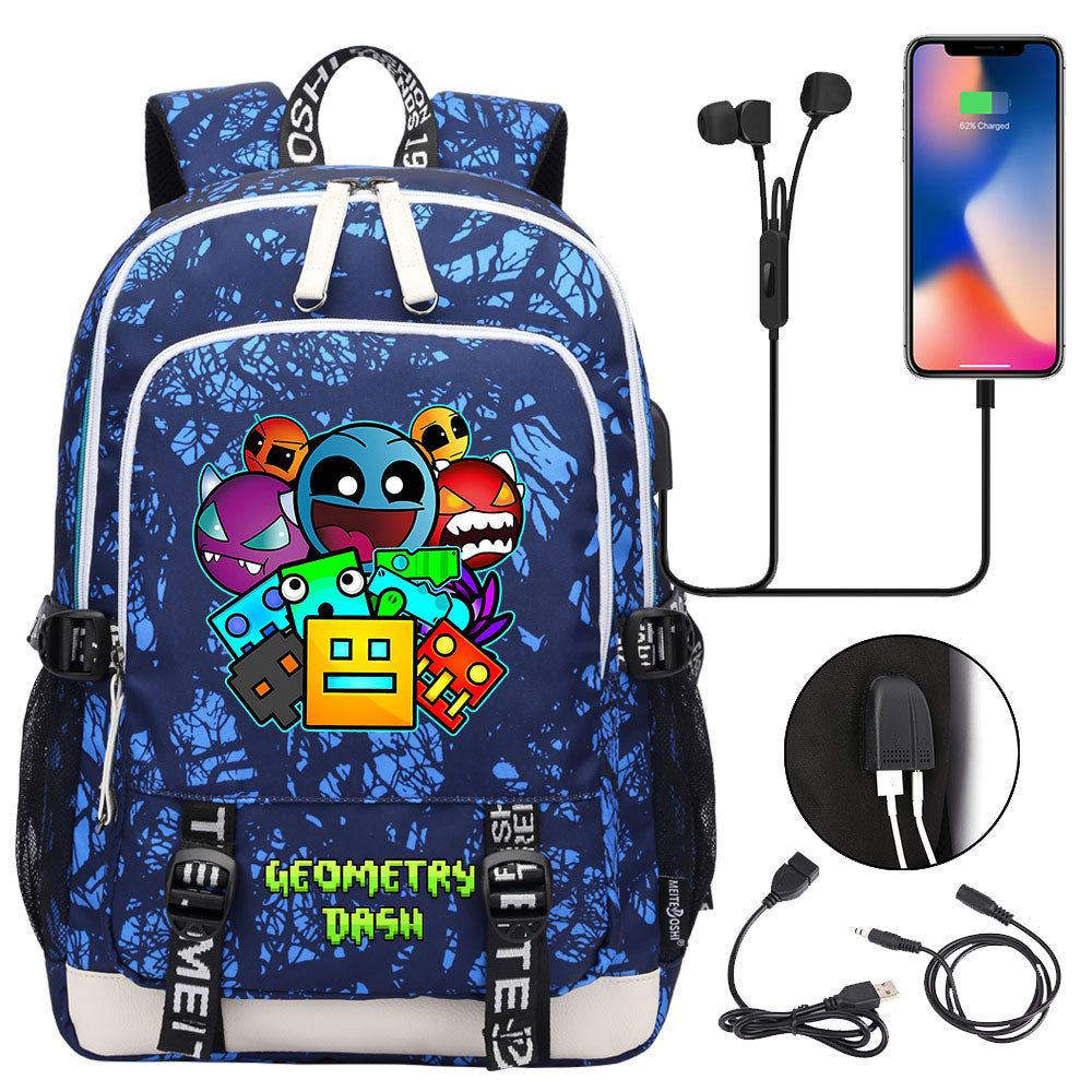 Geometry Dash USB Charging Backpack School Note Book Laptop Travel Bags
