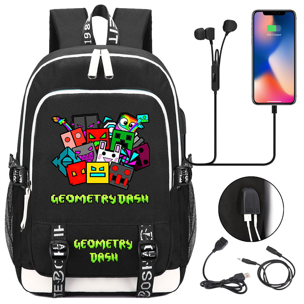 Geometry Dash USB Charging Backpack School Note Book Laptop Travel Bags