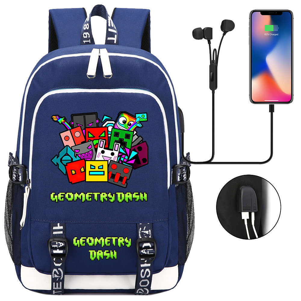 Geometry Dash USB Charging Backpack School Note Book Laptop Travel Bags