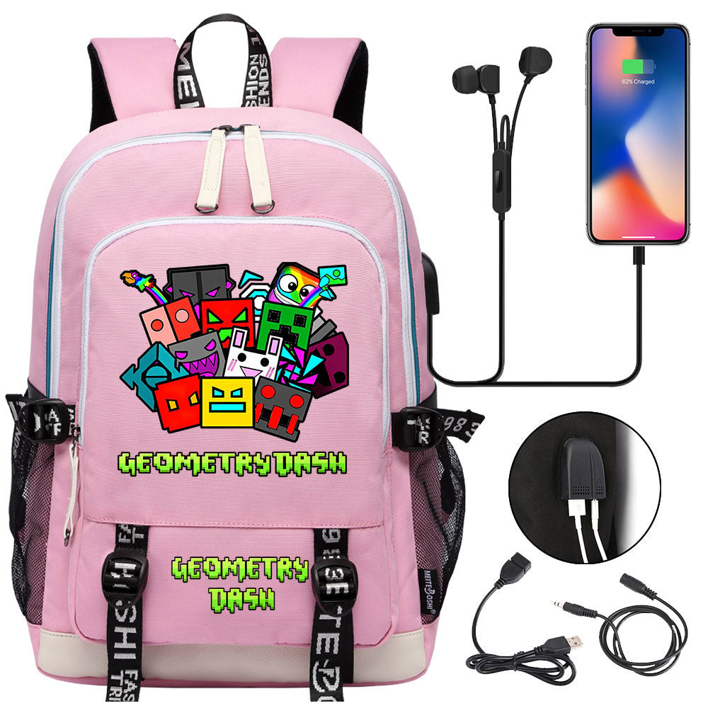 Geometry Dash USB Charging Backpack School Note Book Laptop Travel Bags