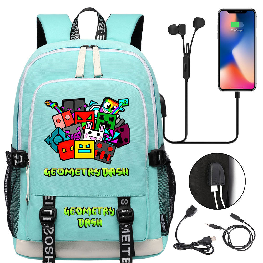Geometry Dash USB Charging Backpack School Note Book Laptop Travel Bags