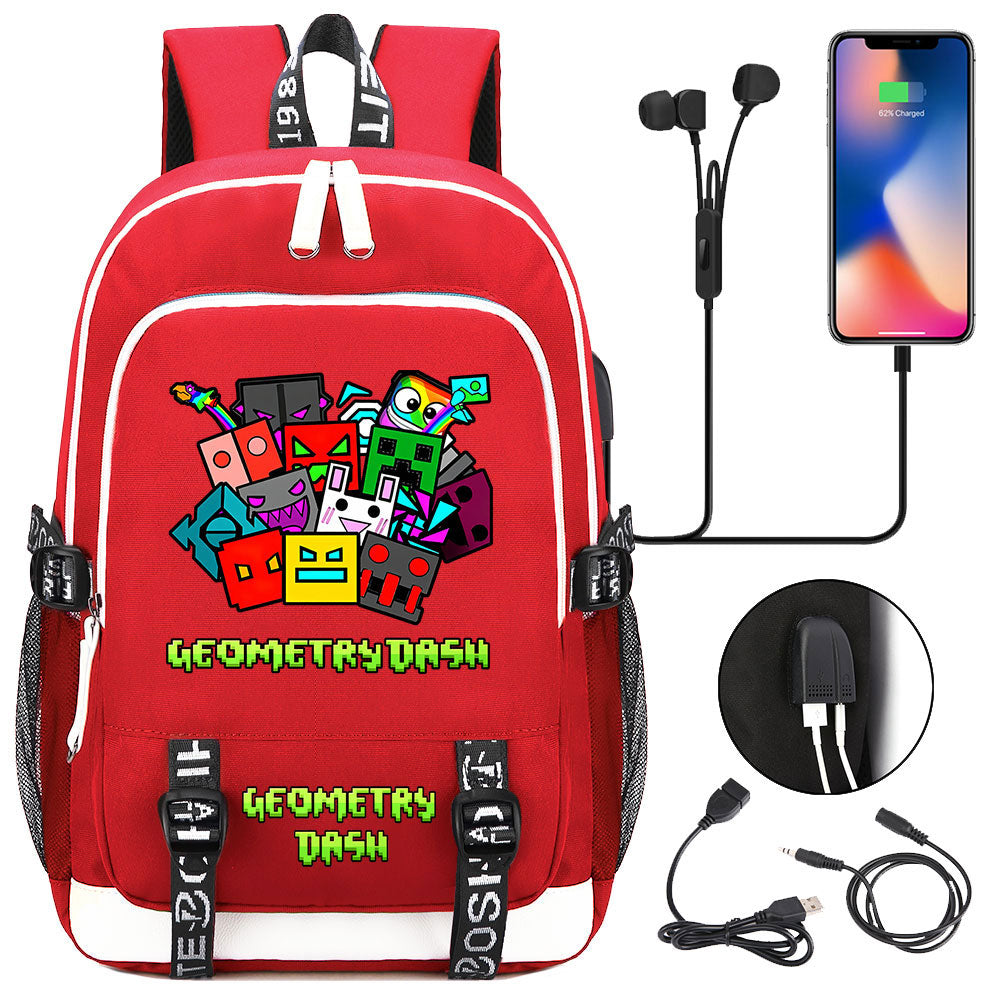 Geometry Dash USB Charging Backpack School Note Book Laptop Travel Bags